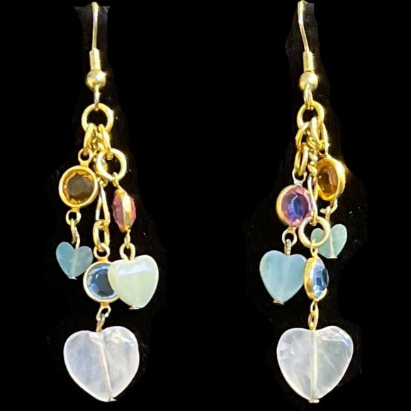 🆕 Colorful Swarovski Crystal & Gemstone Heart Dangle Earrings Rose Quartz Jade - Picture 1 of 5